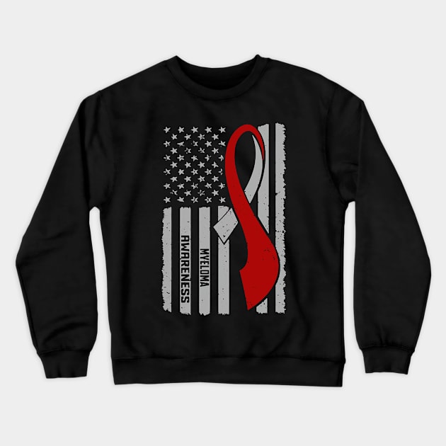 Myeloma Awareness Patriotic Flag Burgundy Ribbon In This Family No One Fights Alone T-Shirt Crewneck Sweatshirt by Mayla90